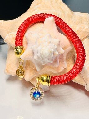 Red Braided Cord Bracelet with Gold Evil Eye Charms
